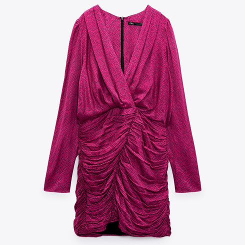 Zara Women Ruched Satin Effect Print Wrap Dress Fuchsia Pink
