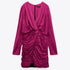 Zara Women Ruched Satin Effect Print Wrap Dress Fuchsia Pink