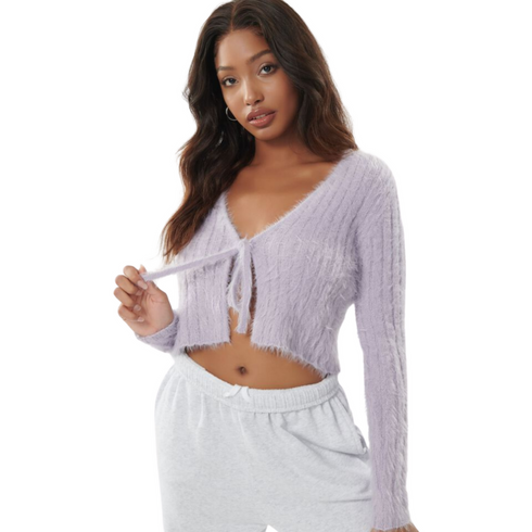 Garage Fuzzy Front-Tie Cardigan Crop Top on Sale, Lilac
