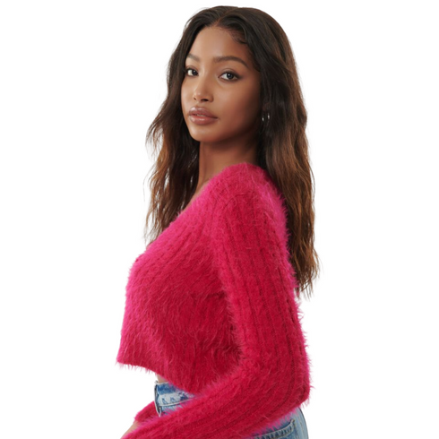 Garage Fuzzy Front-Tie Cardigan Crop Top on Sale, Red