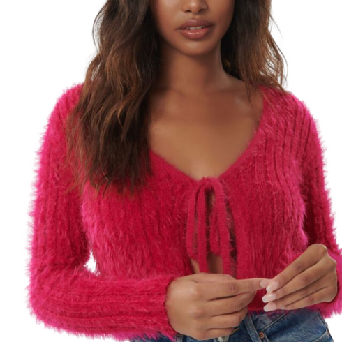 Garage Fuzzy Front-Tie Cardigan Crop Top on Sale, Red