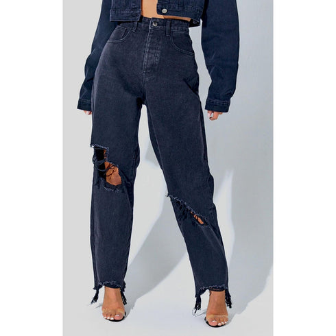 PrettyLittleThing Washed Black Extreme Ripped Hem Boyfriend Jeans | 8
