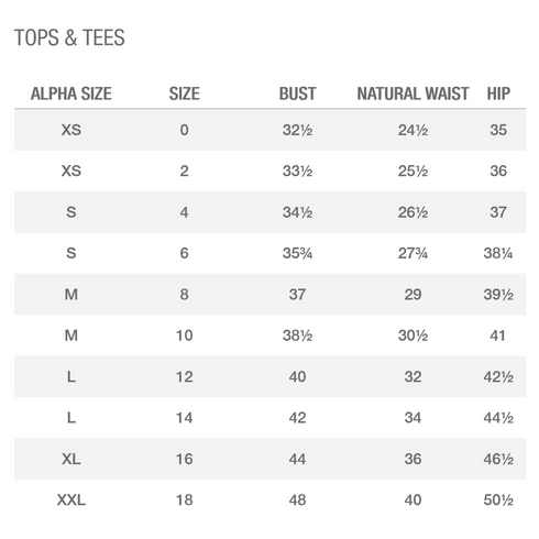 Ricki's Tops & Tees Size Chart