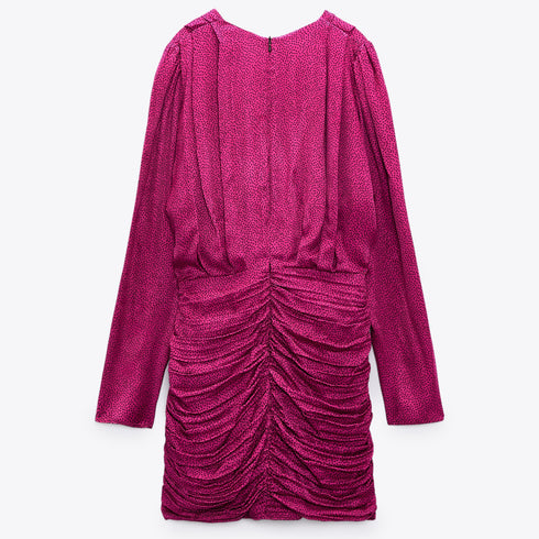 Zara Women Ruched Satin Effect Print Wrap Dress Fuchsia Pink